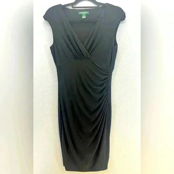 Lauren Ralph Lauren Little black dress v-neck stretchy comfortable shoulder pads - Picture 1 of 12